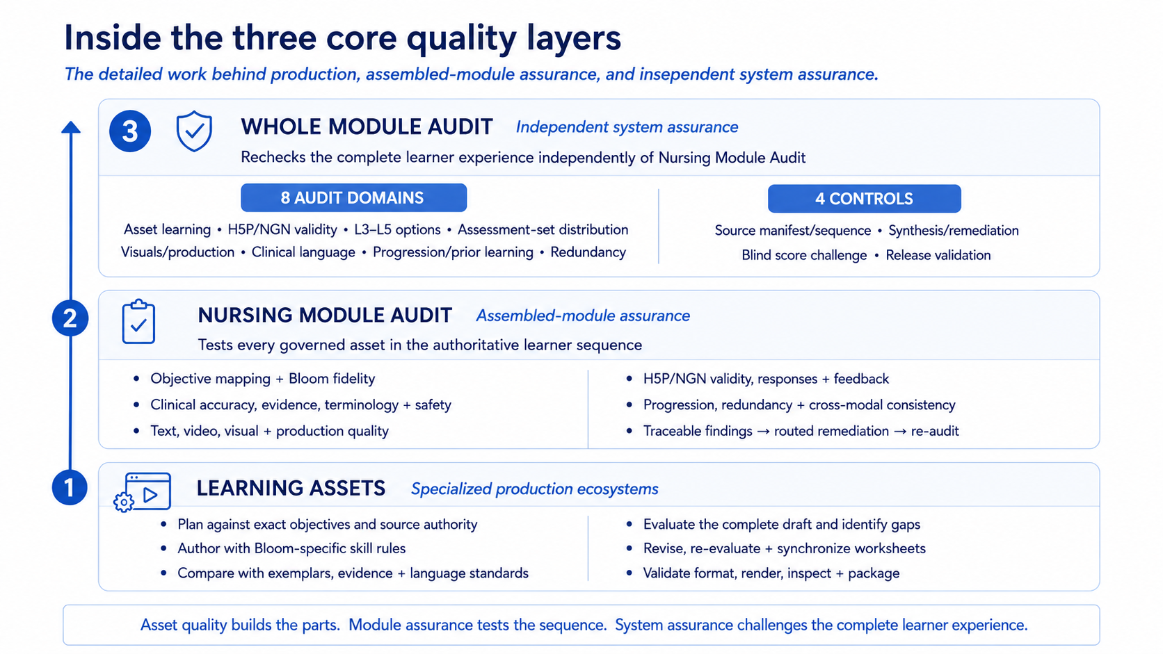 Detailed explanation of the Learning Assets, Nursing Module Audit, and Whole Module Audit layers, including the checks and controls within each layer.